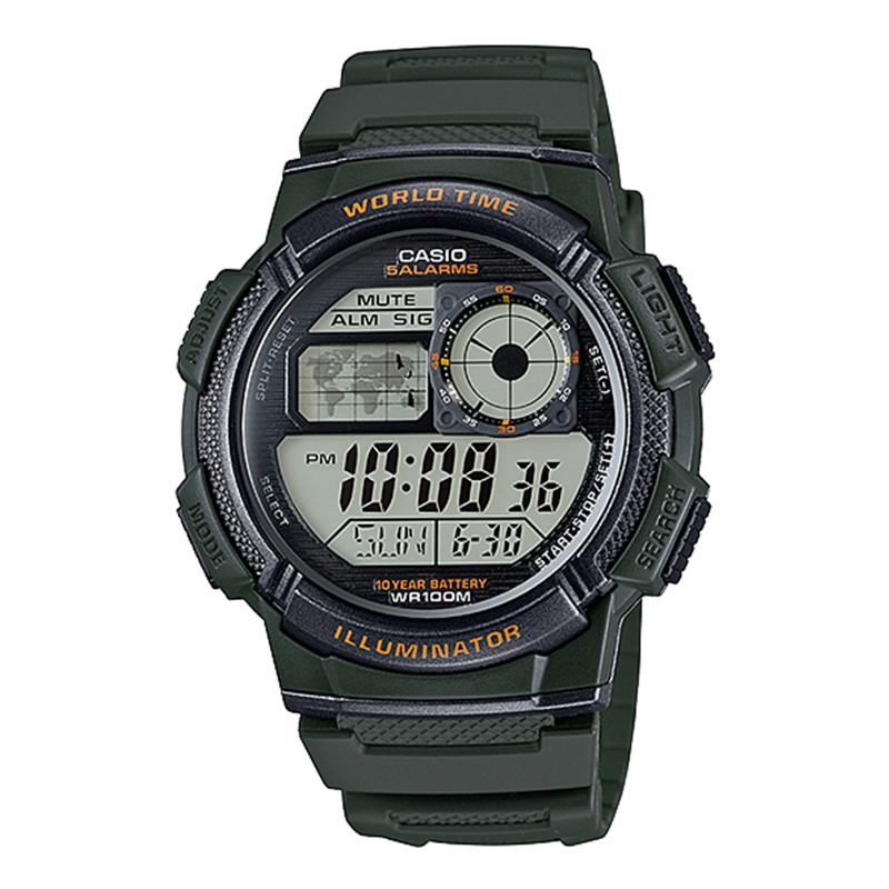 Casio Youth AE-1000W-3AVDF World Time Digital Green Resin Belt Men’s Watch