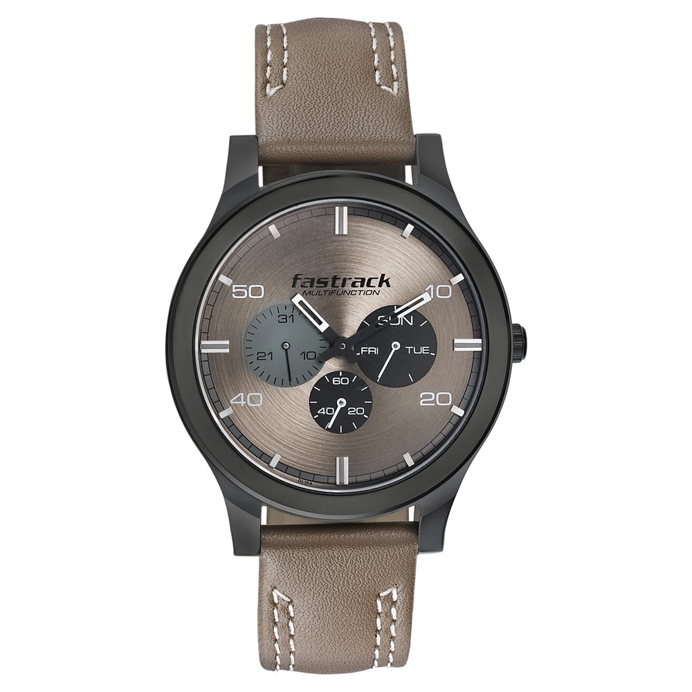Fastrack 3252NL01 Dial It Up Quartz Multifunction Beige Dial Leather Strap Watch for Guys
