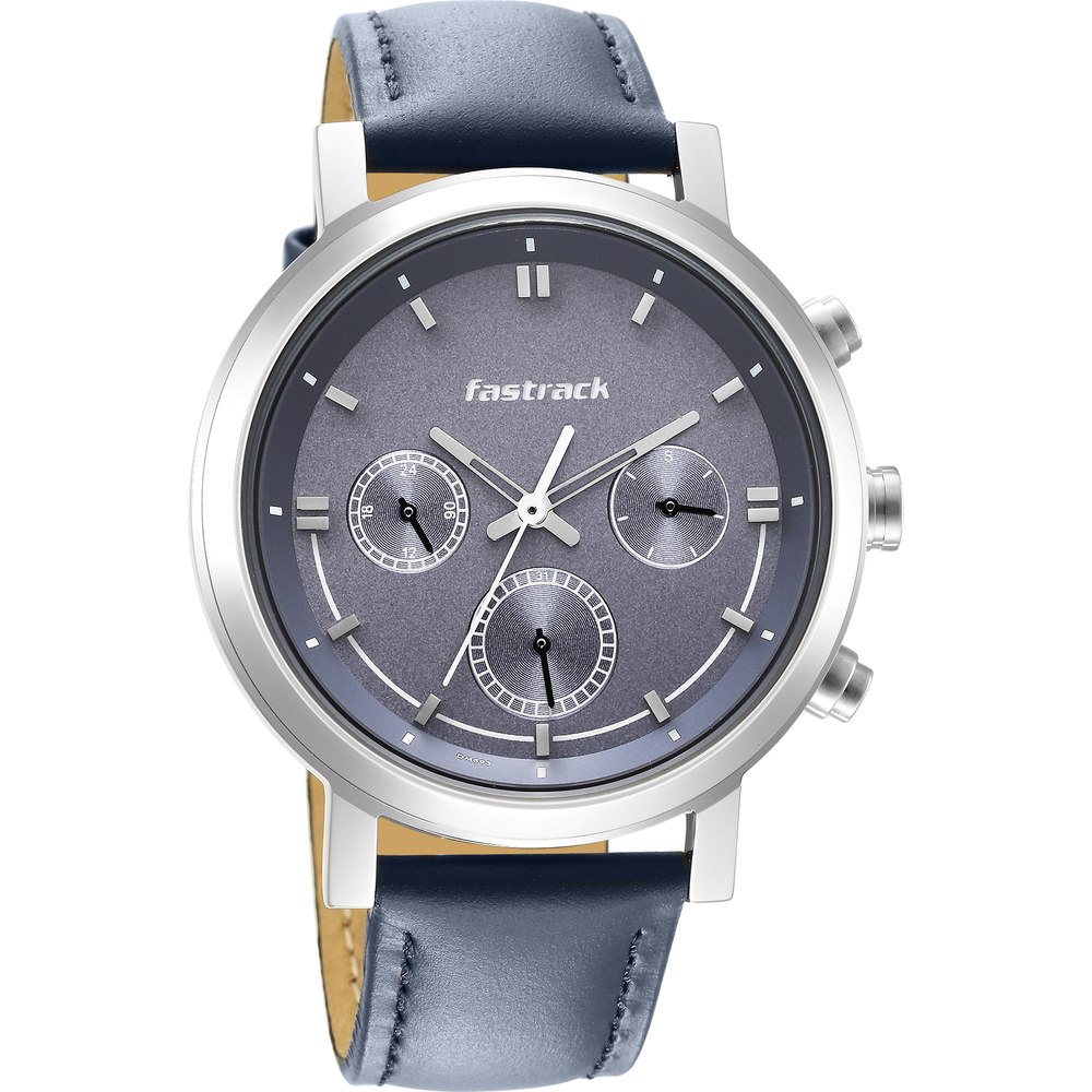 Fastrack 3287SL01 Tick Tock Quartz Multifunction Blue Dial Leather Strap Watch for Guys